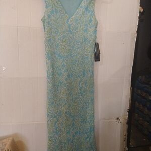 100% Silk Jones NY Baby Blue  & Lime Green Dress